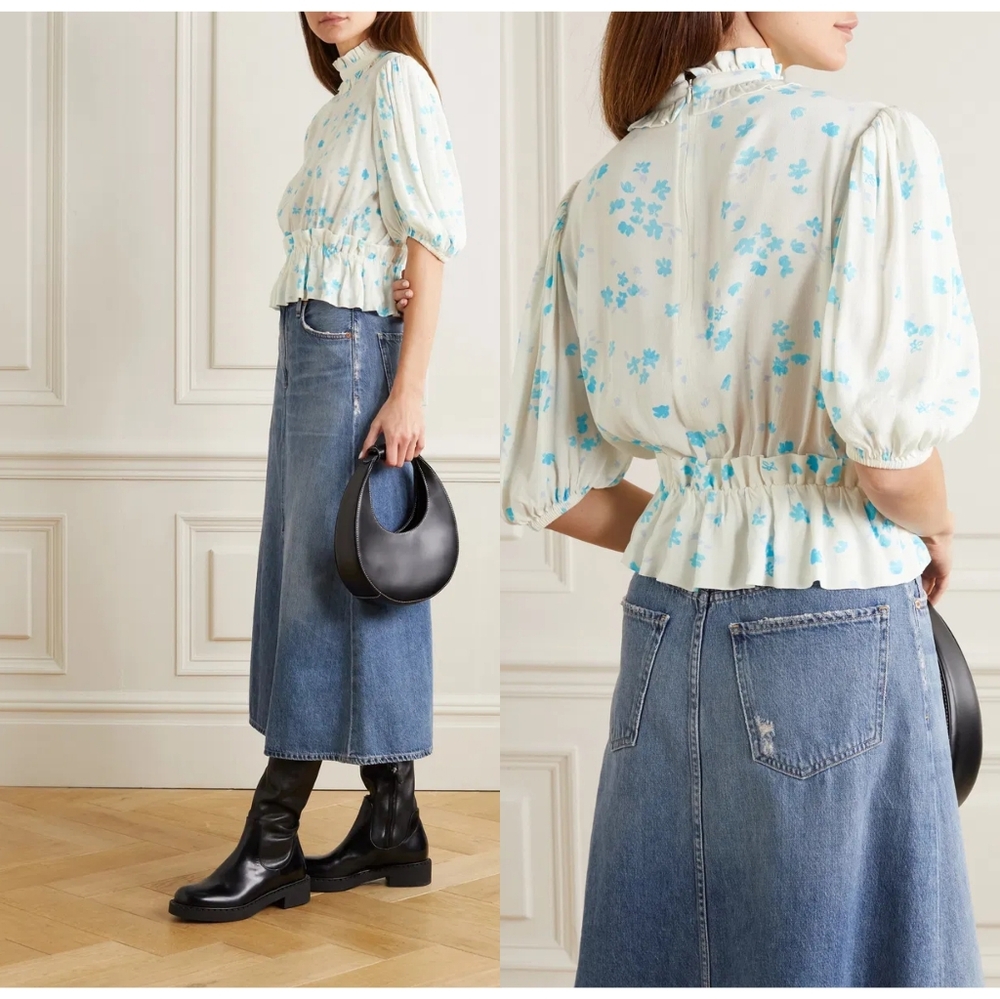 Ganni • Ruffled Floral-Print Crepe Peplum Top